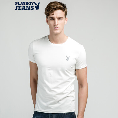 

Playboy PLAYBOYJEANS Men's short sleeve T-shirt round necklace print pure color Slim half sleeve elastic simple letter cotton jacket European and American wind summer 71102004 white