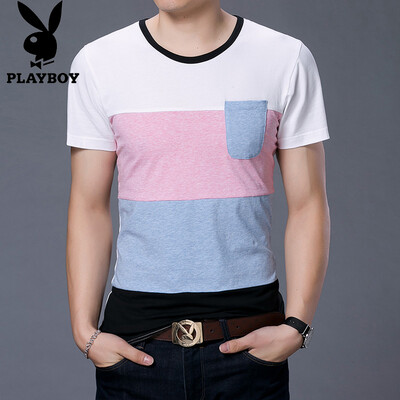 

Playboy PLAYBOY Футболка Мужская мода Сшивание с коротким рукавом Повседневная круглая футболка 17001PL1705 Blue 2XL