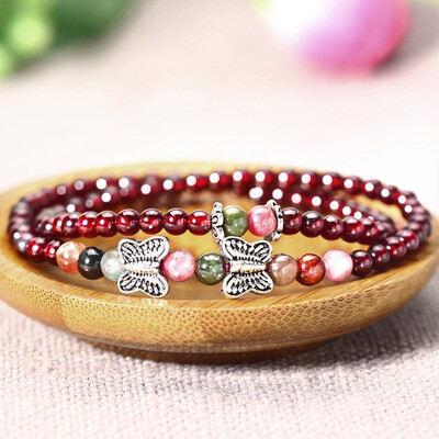 

Stone thunderbolt 45-5mm red wine garnet bracelet hand string female garnet with 925 silver butterfly tourmaline bracelet two layers of multi-turn string
