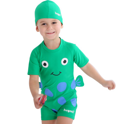 

Hugmii children's conjoined swimsuit three-dimensional modeling swimsuit swim cap baby child swimwear green small fish 130/66 F17LTY230