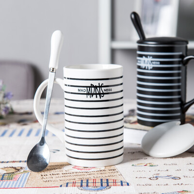 

Porcelain soul ceramic tape with spoon cups simple coffee cups large capacity creative personality couple cups mugs line life white thread