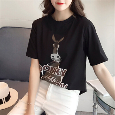 

Long Yue Women Korean loose cartoon print short-sleeved T-shirt fashion wild letter half-sleeve primer shirt LWTD172205 black L