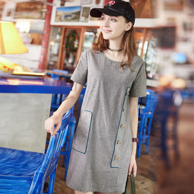 

Yixiang Li Ying 2017 summer new cuffs fork with large pocket short-sleeved dress A word skirt 970435211 gray M