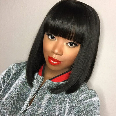 

Glueless Brazilian Short Bob Lace Front Human Hair Wigs With Bangs 10-14 Inches Hair Bob Straight Lace Wig with Baby Hair