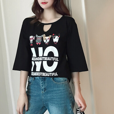 

VIVAHEART Korean version of the five-point sleeper hollow T-shirt loose print pattern underwear coat tide tide VWTD173131 black