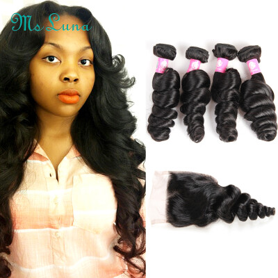 

Brazilian Loose Wave With Closure Grade 8A Unprocessed Virgin Human Hair 4 Bundles Brazilian Virgin Hair Loose Wave With Closure