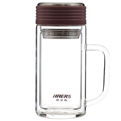 

HAERS Glass Tea Cup Double Handle Cup Office Men&Women Tea Cup 400ml Brown