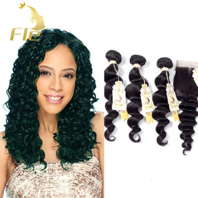 

8A Grade Loose Wave 3 Bundles Closure Uprocessed Human Virgin hair with 4"4" lace closure free part