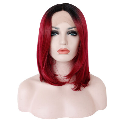 

Anogol Wine Red Ombre Dark Roots Lace Front Wig Short Bob Straight Peruca Laco Sintetico Glueless Synthetic Hair Fully Wigs