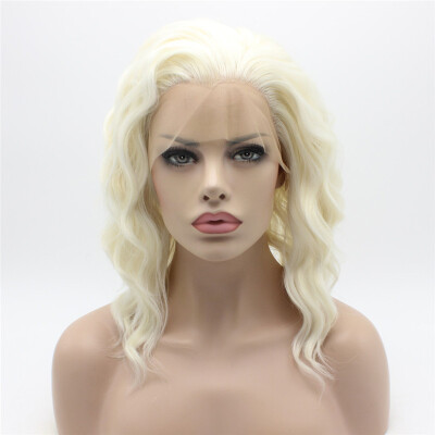 

Iwona Hair Natural Wavy Medium Long White Light Blonde Mix Wig Half Hand Tied Heat Resistant Synthetic Lace Front Wig
