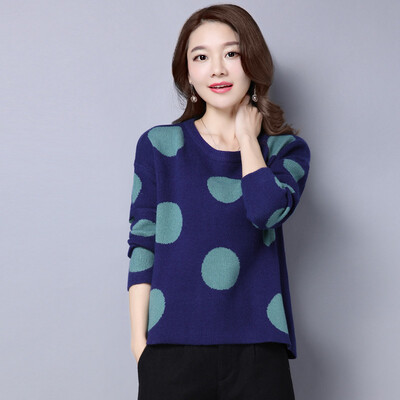 

A long morning 2017 Korean long-sleeved loose short sets of sweaters women&39s autumn&winter wave point wild base sweater S63W0255A5M blue M