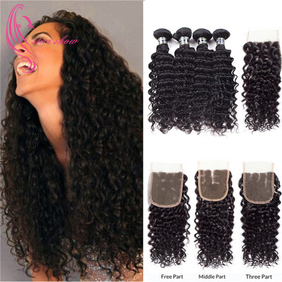 

7A Mongolian Virgin Hair 4 Bundles Deep Wave With Closure 4x4 Human Hair Weave Bundles with Crochet Lace Closure Full and Thick