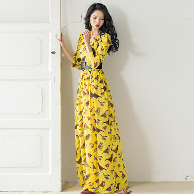 

Wei Ya Ji 2017 early autumn new landing seven points bubble sleeves thousands of birds printed round neck knee chiffon dress temperament dress