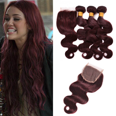 

7A Brazilian Body Wave With Closure 99J Red Hair Bundles With Lace Closures Brazilian Virgin Hair 3 Bundles With Lace Closure