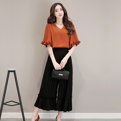 

Markentsee 2017 Women's Summer Korean version of the large size V-neck hood sleeve shirt fashion wide leg pants two sets of women zx1752629 picture color