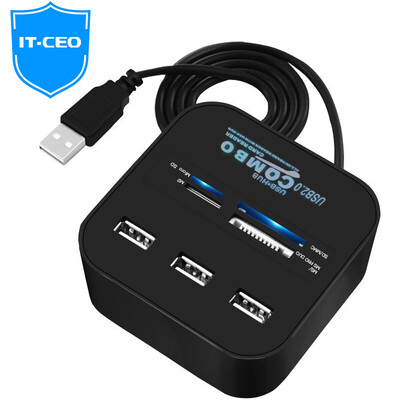 

IT-CEO W1HUB-4S Расширение USB2.0 3 HUB концентратор / один перетащить три USB-сплиттер + четыре в одном устройстве для чтения карт памяти SD / TF / M2 / MS карта памяти черный