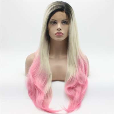 

Iwona Hair Straight Super Long Dark Root Light Blonde Pink Ombre Wig Half Hand Tied Heat Resistant Synthetic Lace Front Wig