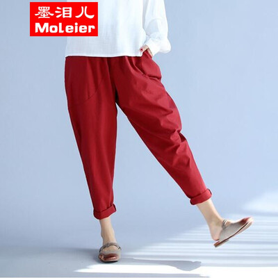 

Summer pack of fat mm plus fat to increase the size of women's cotton flax elastic waist harlan pants down pants 200 catties