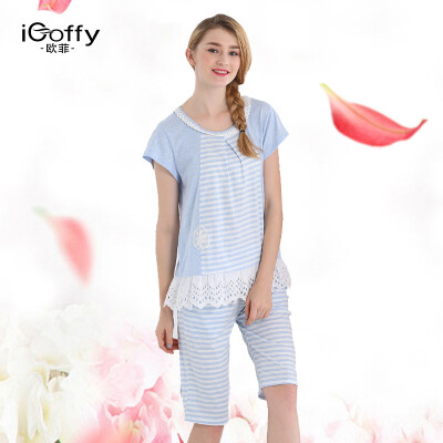 

iCoffy lady short sleeve cotton pajamas suit cute striped lace split home service OF7111 blue