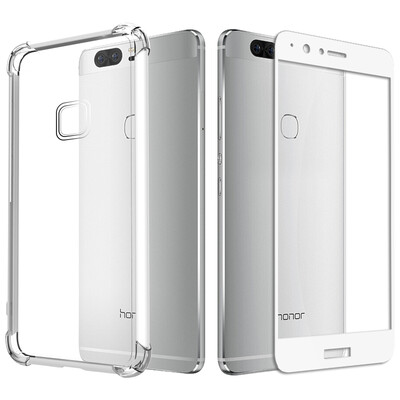 

Send full-screen tempered film ESCASE Huawei glory V8 mobile phone shell to send a full-screen white all-inclusive air bag drop soft shell transparent protective cover