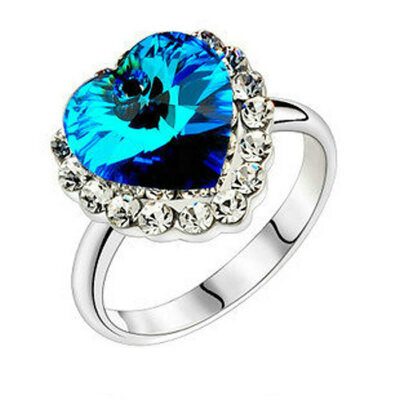 

Yoursfs@ 18K White Gold Plated Love Of Ocean Blue Crystal Ring Heart Shaped Rhinestone Rings for Women Engagement Jewelry