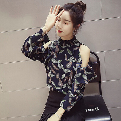 

Sustory womens 2017 summer Korean version of the small fresh student loose off-shoulder shirt floral ruffled small shirt long-sleeved chiffon shirt tide SU223 dark blue L
