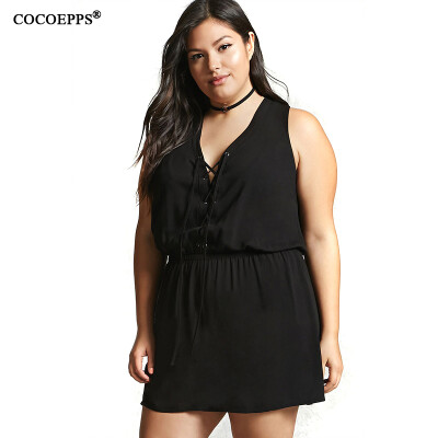 

COCOEPPS Women Large Size Rompers 2017 Plus Size Ladies V Neck Sleeveless Short Jumpsuit Summer Playsuit Macacaos Femme