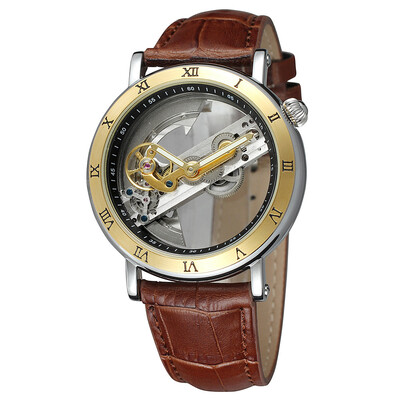 

FORSINING high-grade waterproof leather steel belt double through hollow automatic mechanical watch mens watch