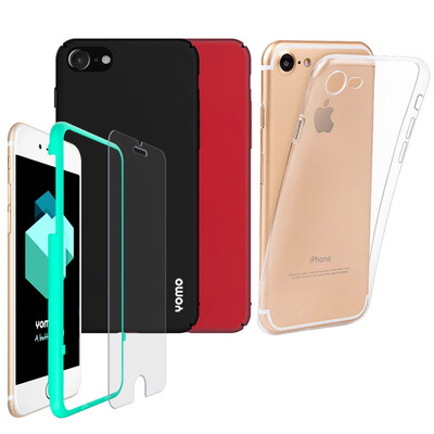 

【IPhone оболочки четыре комплекта】 YOMO Apple iphone8 / 7 оболочки телефона / защитная крышка матовая оболочка черный и красный + прозрачный силиконовый рукав + стальная пленка 4.7 дюйма