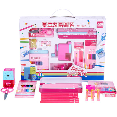 

Deli 9665 Student Study Supplies Stationery Set Gift Box Spice Bag 9pcs Set Pink
