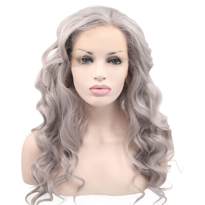 

Anogol Ash Sliver Grey Long Body Wave Glueless Heat Resistant Fiber Natural Wigs Peruca Laco Sintetico Synthetic Lace Front Wig