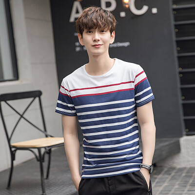 

Yishashi fashion (yishistyle) Slim striped round neck short sleeve T-shirt male ZYT005 date red