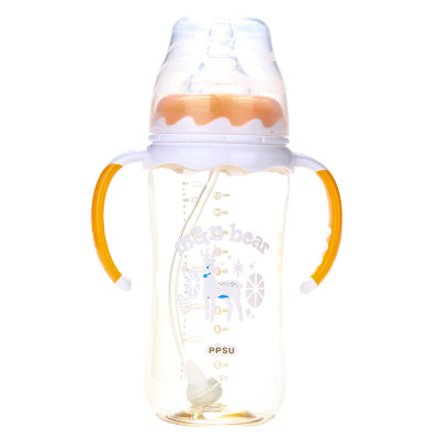 

Mimi bear baby bottle PPSU wide caliber with handle straw platinum bottle 330ml color random delivery newborn