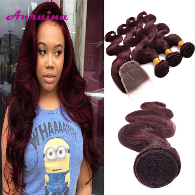 

Burgundy Color Weave Bundles With Closure Malaysian Body Wave With Closure Cheap Red Bundles With Lace Closure Red Human Hair