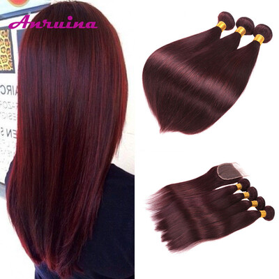 

99j Peerless Brazilian Straight Hair With Closure Sew In Hair Extensions With Lace Closure Grade 8A Unprocessed Red Human Hair