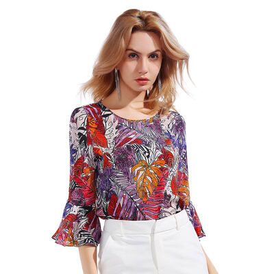 

Marc Rebecca Round Collar Double Crepe Silk Printed Top 72043T Leaf Print