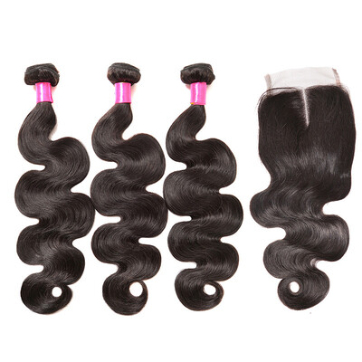 

BHF HAIR 8A virgin Human Hair Extensions Brazilian Hair Weave 3 Bundles Body Wave With 4x4 Closure Swiss lace baby hair