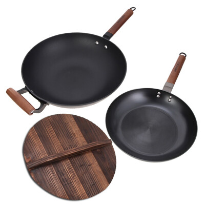 

【Jingdong Supermarket】 Aimei induction cooker can be used wok frying pan two sets of 32cm really stainless steel cast iron wok + 26cm fine iron non-stick frying pan T1701D gift wok solid wood lid