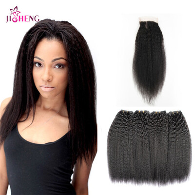 

8A Indian Virgin Human Hair 3 Bundles Kinky Straight Wave Hair Weaving With 44 Lace Closure Remy Hair Extension