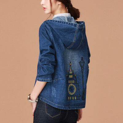 

City plus CITYPLUS 2017 autumn new women's art hooded leisure loose embroidery jacket denim short jacket CWWT178152 dark blue M