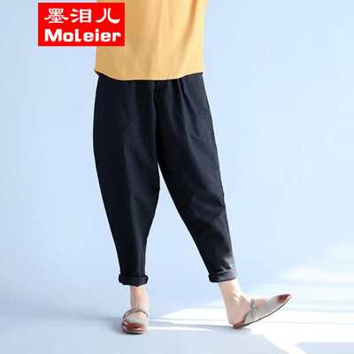 

Summer pack of fat mm plus fat to increase the size of womens cotton flax elastic waist harlan pants down pants 200 catties