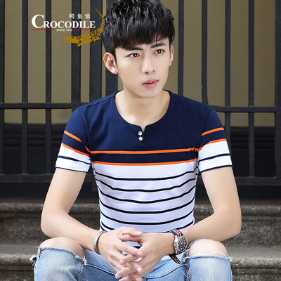 

Crocodile T-Shirt Men's Short Sleeve T-Shirt Summer V-neck Fashion Casual Striped Dress DT006 Blue Under White M