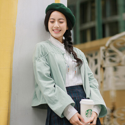 

Yan Man INMAN 2017 autumn new speaker sleeve drawstring round collar cardigan short jacket female 1873042058 bamboo green XL