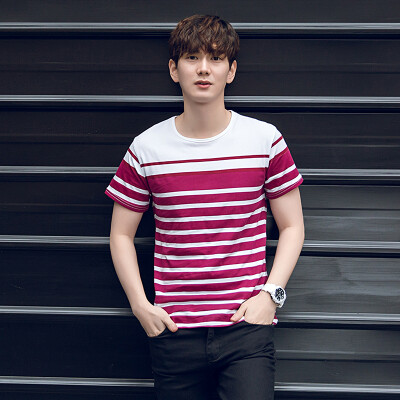 

Yishashi fashion (yishistyle) Slim striped round neck short sleeve T-shirt male ZYT005 date red