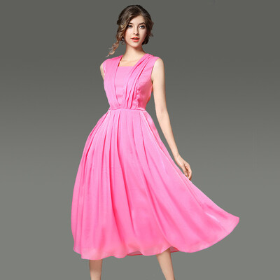 

2017 New Summer Fashion Slim LongSkirt Sleeveless Pure Colour Permanent Pleat Women's Dress Party Office Prom Beauty Lady's Dress