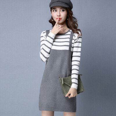 

A long morning 2017 Korean version of the temperament Slim was thin round collar shirt sweater women&39s head long section knitted dress long-sleeved autumn&winter leave two pieces S63W0206A11M gray