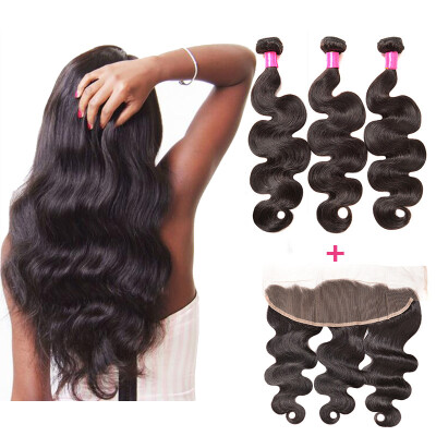 

3 Bundles Peruvian Virgin Hair body wave with frontal closure Full Lace Ear To Ear Lace Frontal With Baby Hair 8A Human Hair Weft