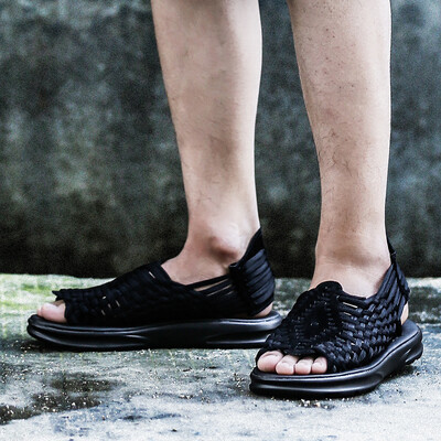 

SAMAHigh-end mens leather braided sandals summer outdoor non-slip pu-bottomed sole hollow fashion beach wading sandals