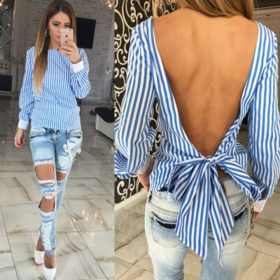 

The new Europe and the United States and sexy backless hollow out bind female striped shirt