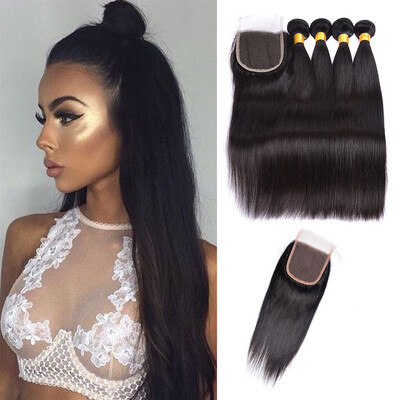 

One middle part 4"x 4" top lace closure with 4 bundles Silky Straight hair extension weft 100 human hair weave Brazilian Hair
